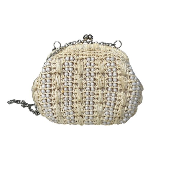 Vintage Italian Beaded Raffia Clutch Bag Cream Straw Purse - Picture 3 of 7